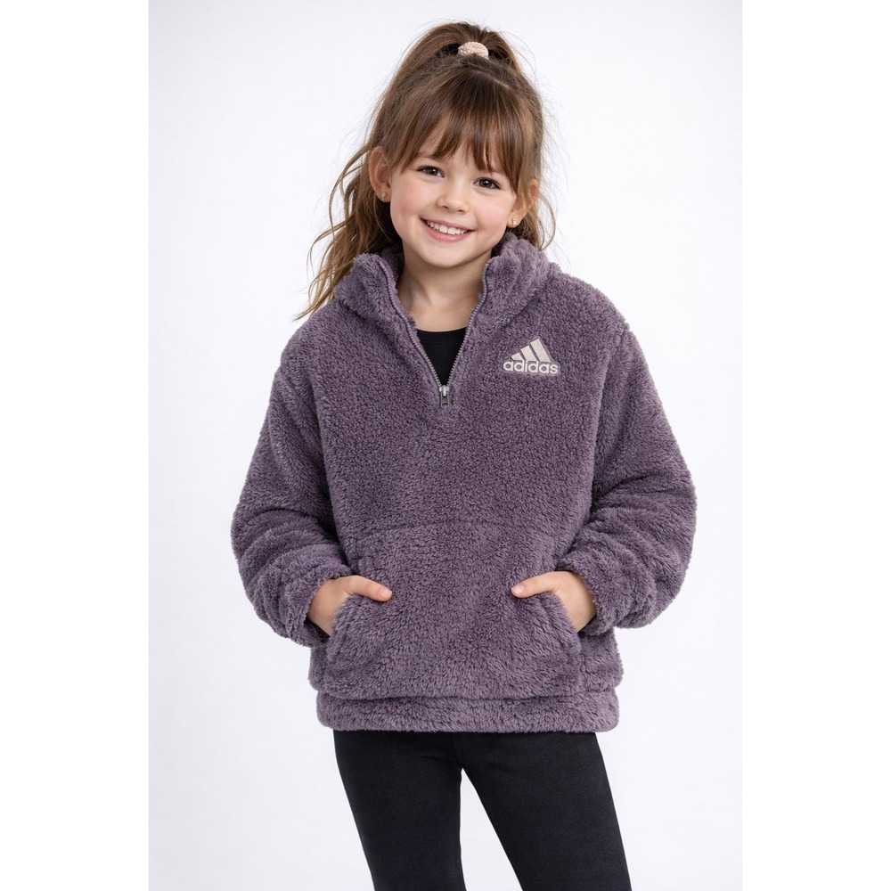 Adidas‎ Girls Purple Sherpa Fleece Quarter Zip Pullover Metallic Logo Size S 7/8